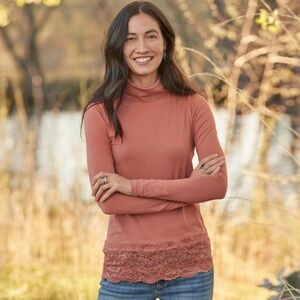 Sundance Catalog Elan Long Sleeve Top in Twany Orange-Brown & Lace Hem Detail.